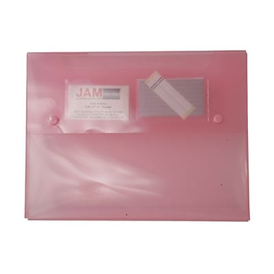 JAM Paper® Plastic Portfolio with Two Button Snap Closure, 9 1/2 x 12 1/2 x 3/4, Pink Translucent, Sold Individually (520PINK)