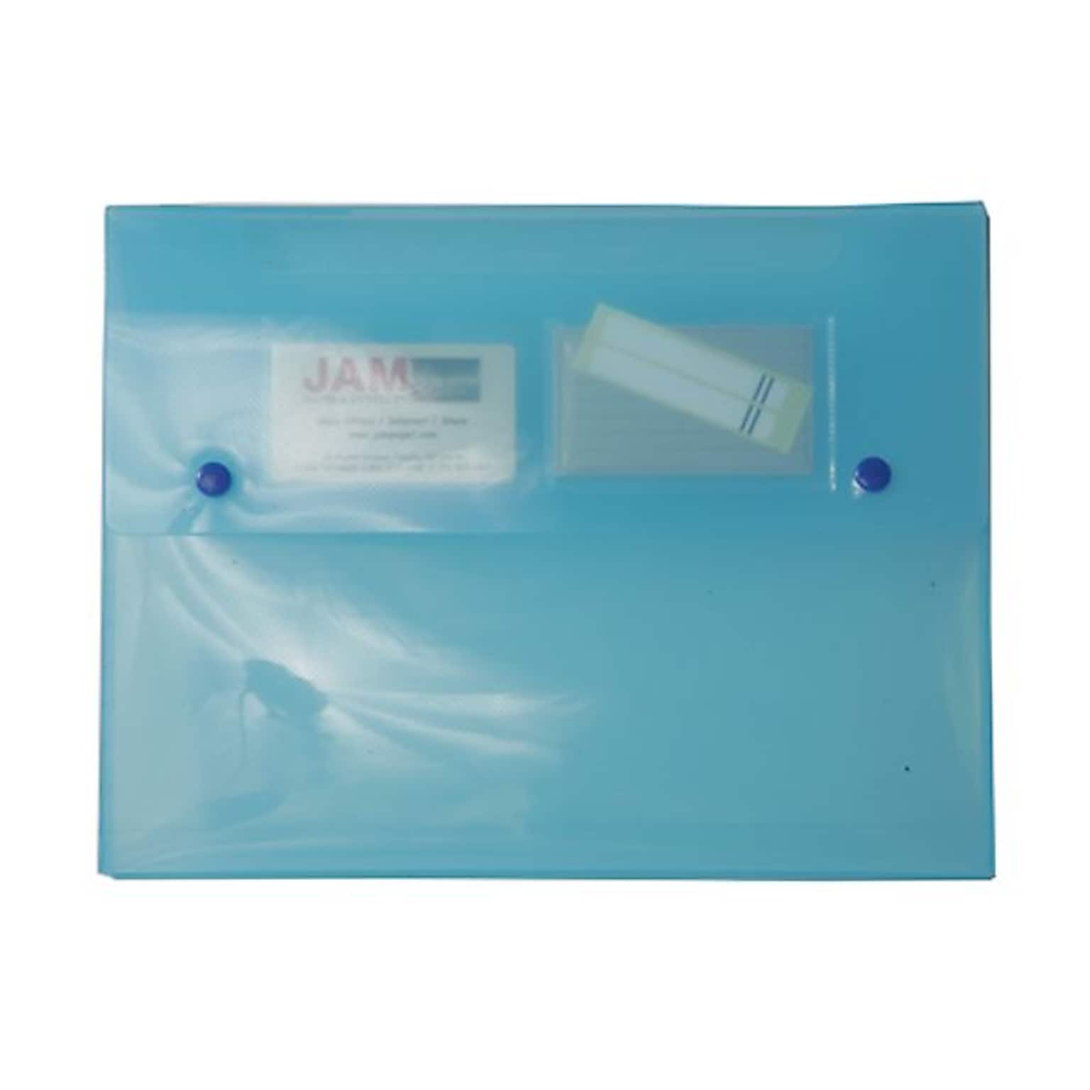 JAM Paper® Plastic Portfolio with Two Button Snap Closure, 9 1/2 x 12 1/2 x 3/4, Blue Translucent, Sold Individually (520BLUE)