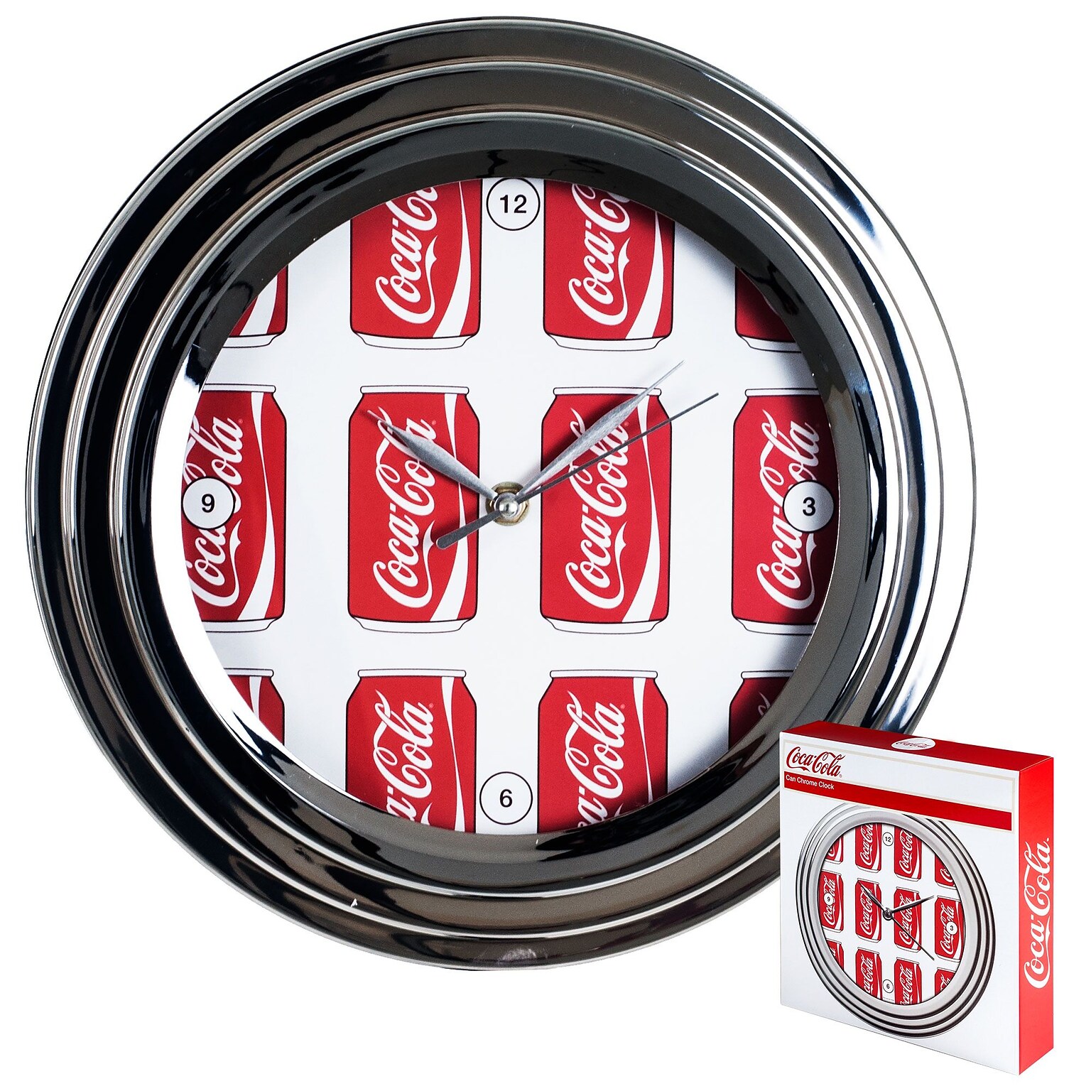 Trademark Global® Cans Style Analog Wall Clock With Chrome Finish, Coca-Cola®