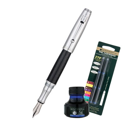 Monteverde® Invincia™ Fountain Pen W/6 Blue Refills and 1 Blue Ink Bottle, Chrome