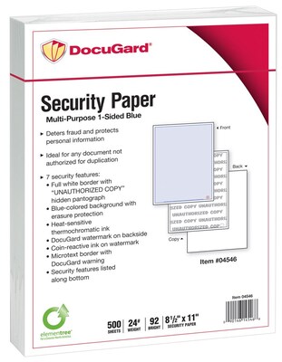 Paris DocuGard Advanced 8.5" x 11" Security Paper, 24 lbs., Blue, 500 Sheets/Ream, 2500/Carton (04546)