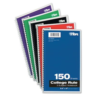 Oxford 3-Subject Notebook, 6 x 9 1/2, College Ruled, 150 Sheets, Assorted Colors (65362)