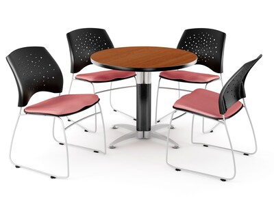 OFM™ 42 Round Multi-Purpose Cherry Table With 4 Chairs, Coral Pink