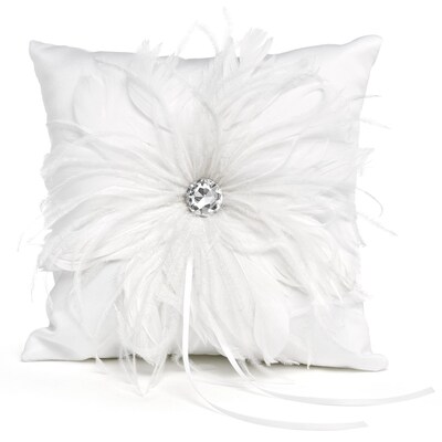 HBH™ 8 x 8 Feathered Flair Satin Ring Pillow With Layered Feather Accent and Clear Gem, White