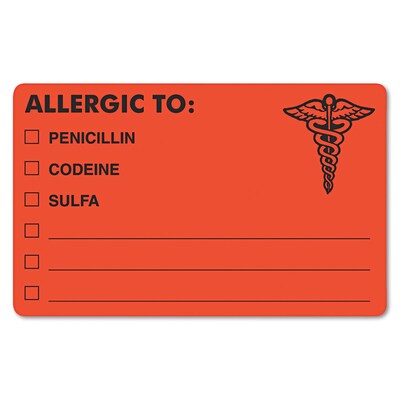 Tabbies® Medical Labels "ALLERGIC TO:", 2 1/2" x 4", Fluorescent Red, 100/Roll