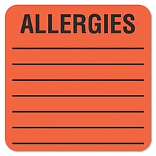 Tabbies® Medical Labels ALLERGIES, 2 x 2, Fluorescent Red, 500/Roll