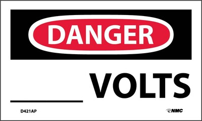 Danger Labels; ____ Volts, 3X5, Adhesive Vinyl 5/Pk