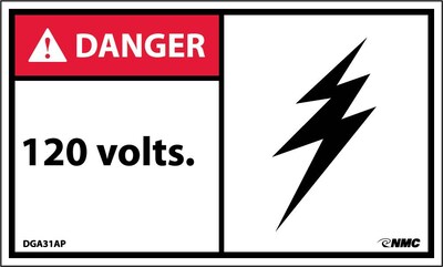 Danger Labels; 120 Volts, 3X5, Adhesive Vinyl, 5/Pk