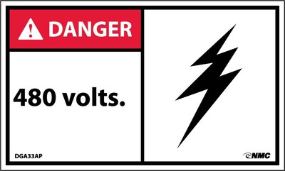 Danger Labels; 480 Volts, 3X5, Adhesive Vinyl, 5/Pack