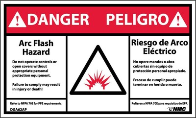 Danger Labels; Arc Flash And Shock Hazard, Bilingual, (Graphic), 3" x 5", Adhesive Vinyl, 5/Pack