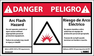 Danger Labels; Arc Flash And Shock Hazard, Bilingual, (Graphic), 3" x 5", Adhesive Vinyl, 5/Pack