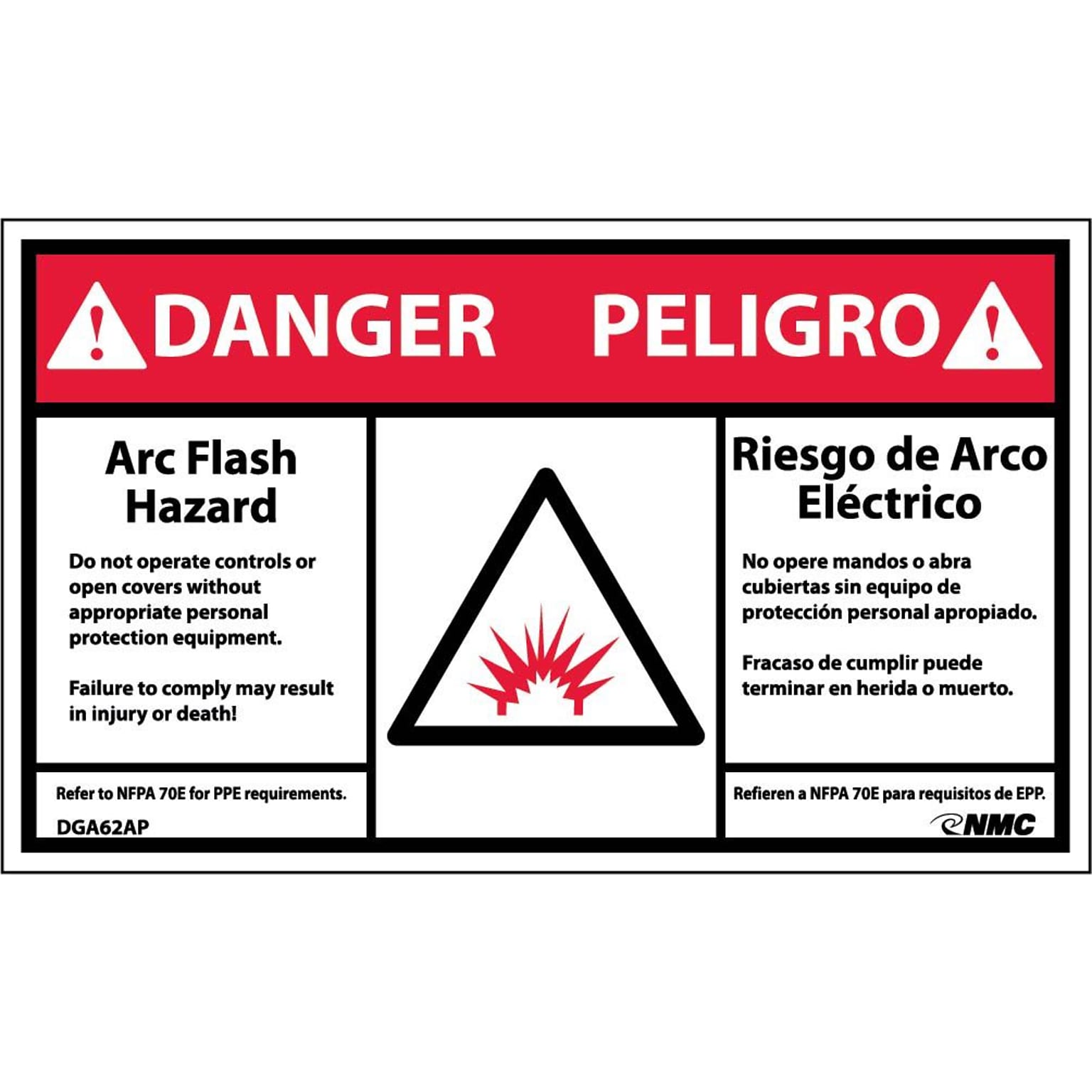 Danger Labels; Arc Flash And Shock Hazard, Bilingual, (Graphic), 3 x 5, Adhesive Vinyl, 5/Pack