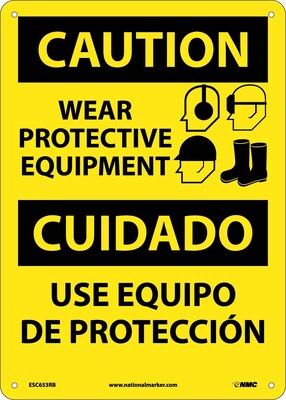 Caution Signs; Wear Protective Equipment Bilingual, Graphic, 14X10, Rigid Plastic