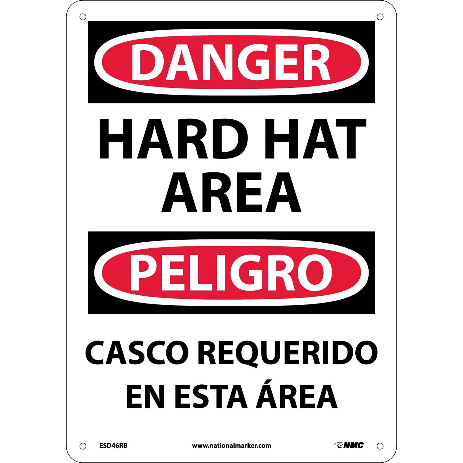 Danger Signs; Hard Hat Area (Bilingual), 14X10, Rigid Plastic