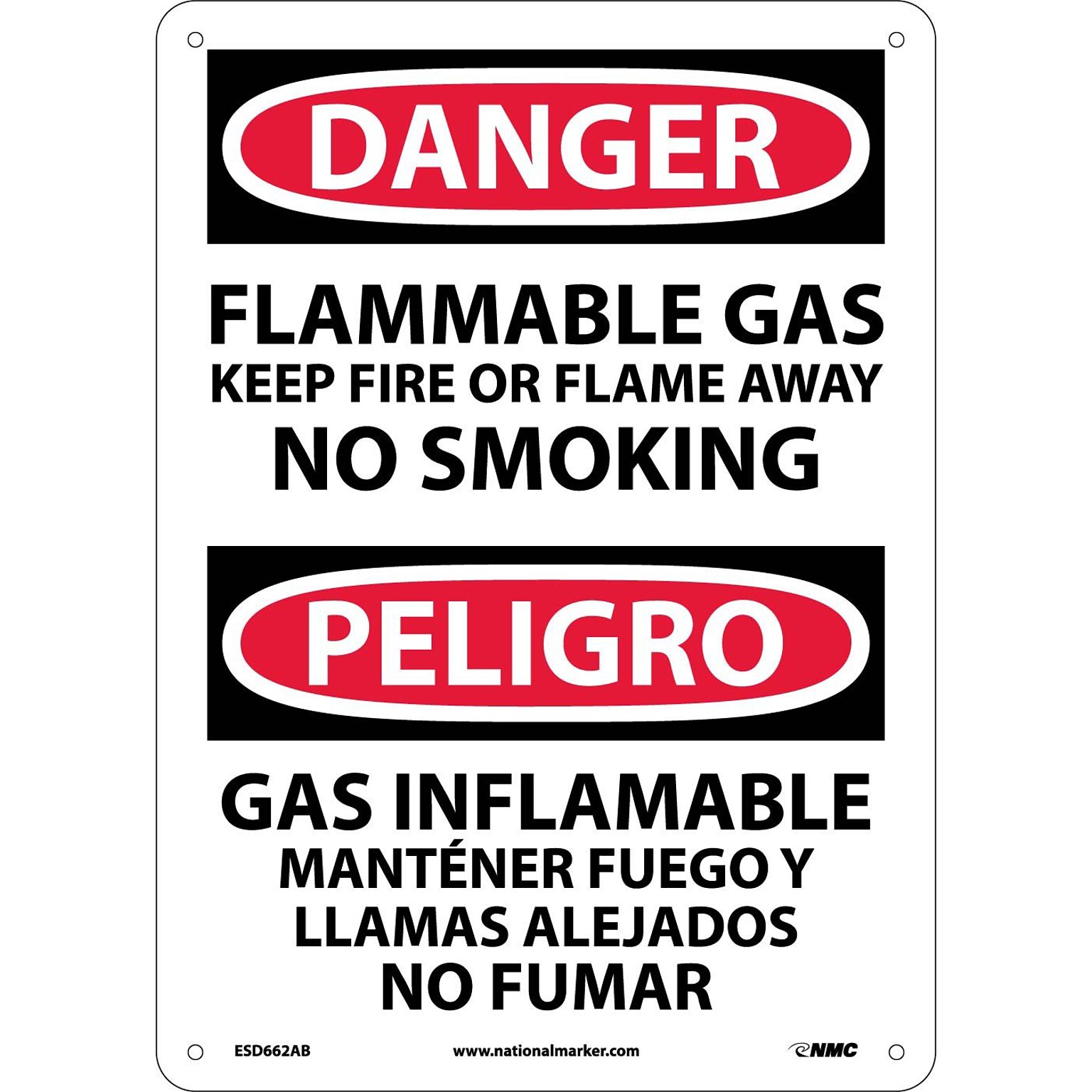 Flammable Gas Keep Fire Or Flame Away No Smoking, Bilingual, 14 X10, .040 Aluminum, Danger Sign