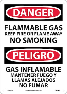 Flammable Gas Keep Fire Or Flame Away No Smoking, Bilingual, 14X10, Rigid Plastic, Danger Sign