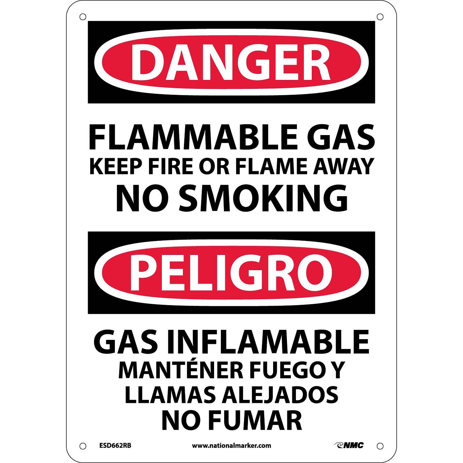 Flammable Gas Keep Fire Or Flame Away No Smoking, Bilingual, 14X10, Rigid Plastic, Danger Sign