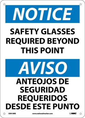 Notice Signs; Safety Glasses Required Beyond This Point Bilingual, 14X10, Rigid Plastic