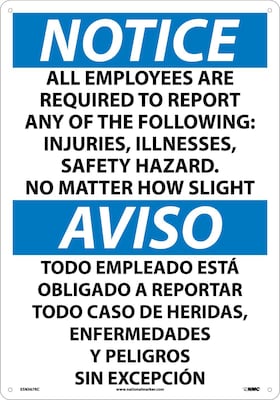 All Employees Are Required To Report..(Bilingual), 20X14, Rigid Plastic, Notice Sign