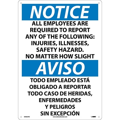 All Employees Are Required To Report..(Bilingual), 20X14, Rigid Plastic, Notice Sign