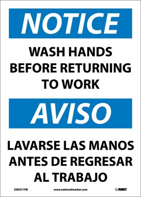 Notice Labels; Wash Hands Before Returning To Work, Bilingual, 14X10, Adhesive Vinyl