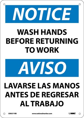 Notice Signs; Wash Hands Before Returning To Work, Bilingual, 14X10, Rigid Plastic