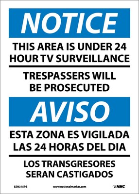 Notice Labels; This Area Is Under 24 Hour Tv Surveillance, Bilingual, 14X10, Adhesive Vinyl