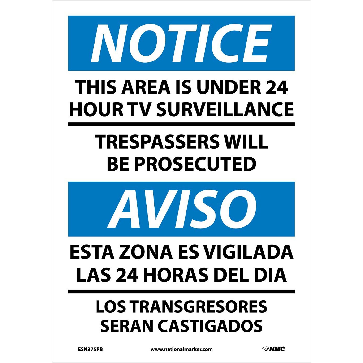 Notice Labels; This Area Is Under 24 Hour Tv Surveillance, Bilingual, 14X10, Adhesive Vinyl