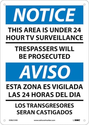 Notice Signs; This Area Is Under 24 Hour Tv Surveillance, Bilingual, 14X10, Rigid Plastic