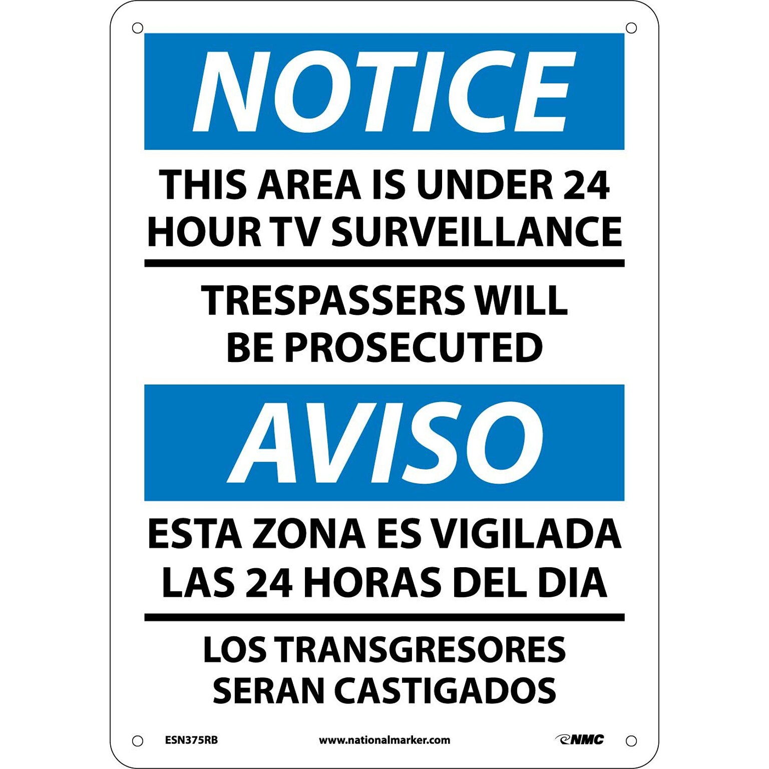 Notice Signs; This Area Is Under 24 Hour Tv Surveillance, Bilingual, 14X10, Rigid Plastic