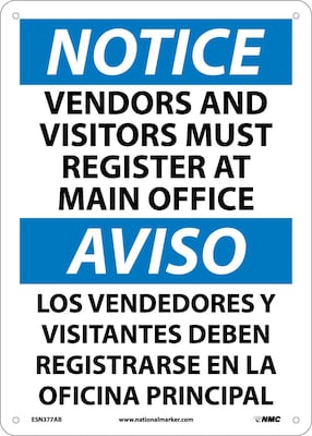 Notice Signs; Vendors And Visitors Must Register At Main Office, Bilingual, 14X10, ,040 Aluminum