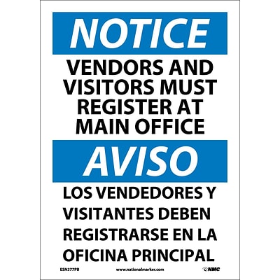 Notice Labels; Vendors And Visitors Must Register At Main Office, Bilingual, 14X10, Adhesive Vinyl