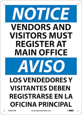 Notice Signs; Vendors And Visitors Must Register At Main Office, Bilingual, 14X10, Rigid Plastic