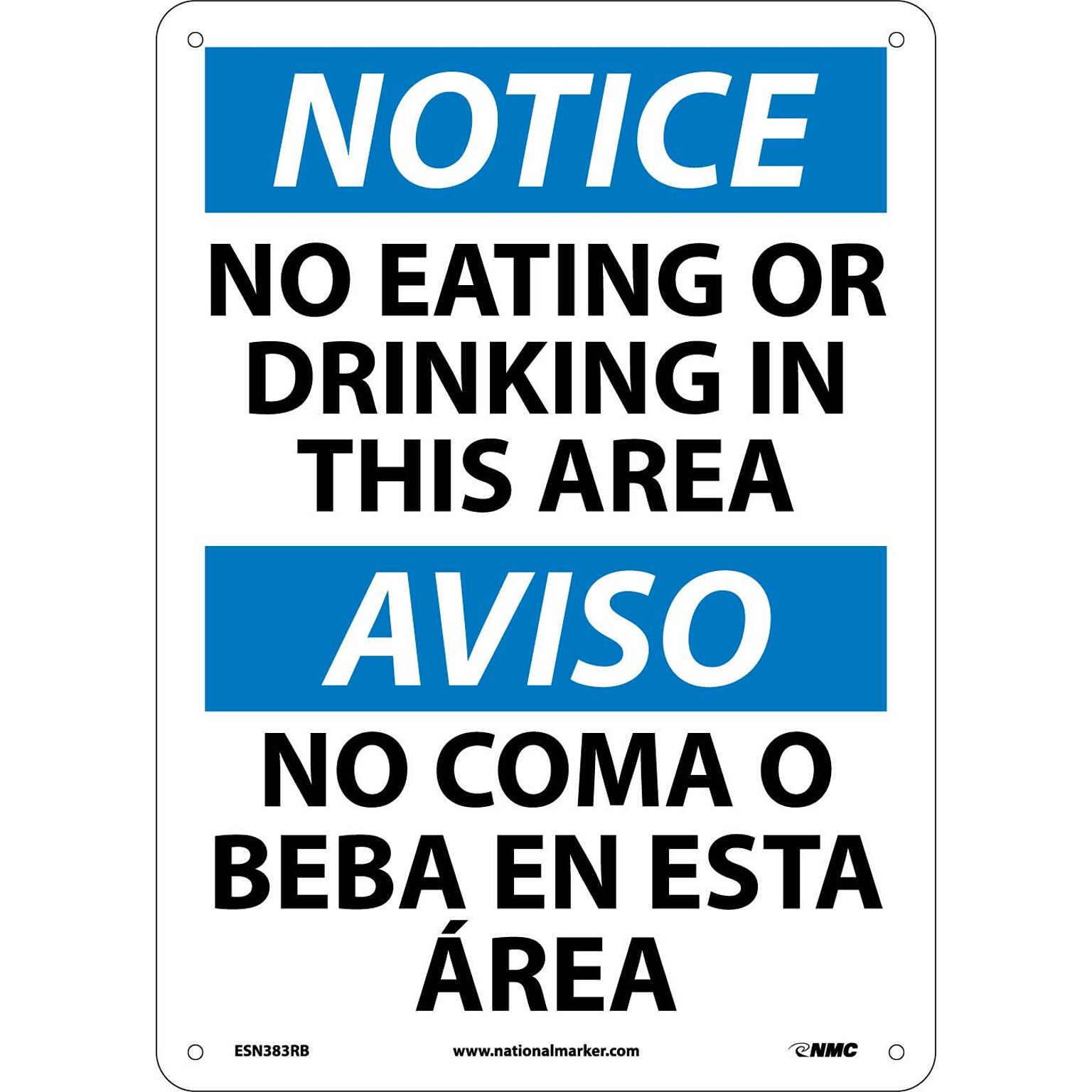 No Eating Or Drinking In This Area, Bilingual, 14X10, Rigid Plastic, Notice Sign