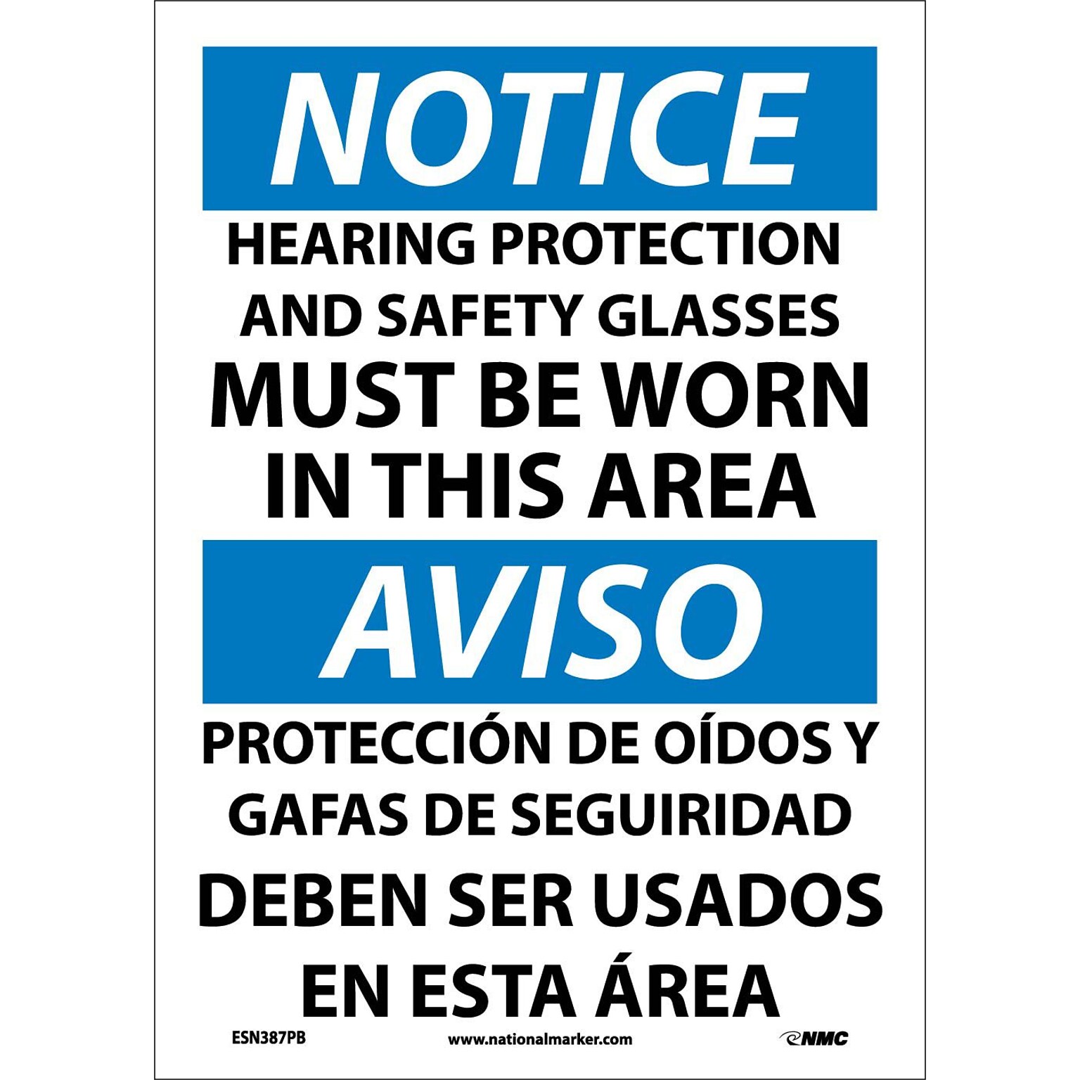 Notice, Hearing Protection And Safety Glasses Must Be Worn In This Area, Bilingual, 14X10 (ESN387PB)
