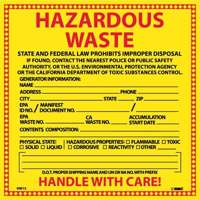 Hazard Labels; Hazardous Waste California, 6X6, Adhesive Vinyl, 25/Pk