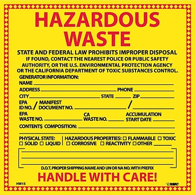 Hazard Labels; Hazardous Waste California, 6X6, Adhesive Vinyl, 25/Pk