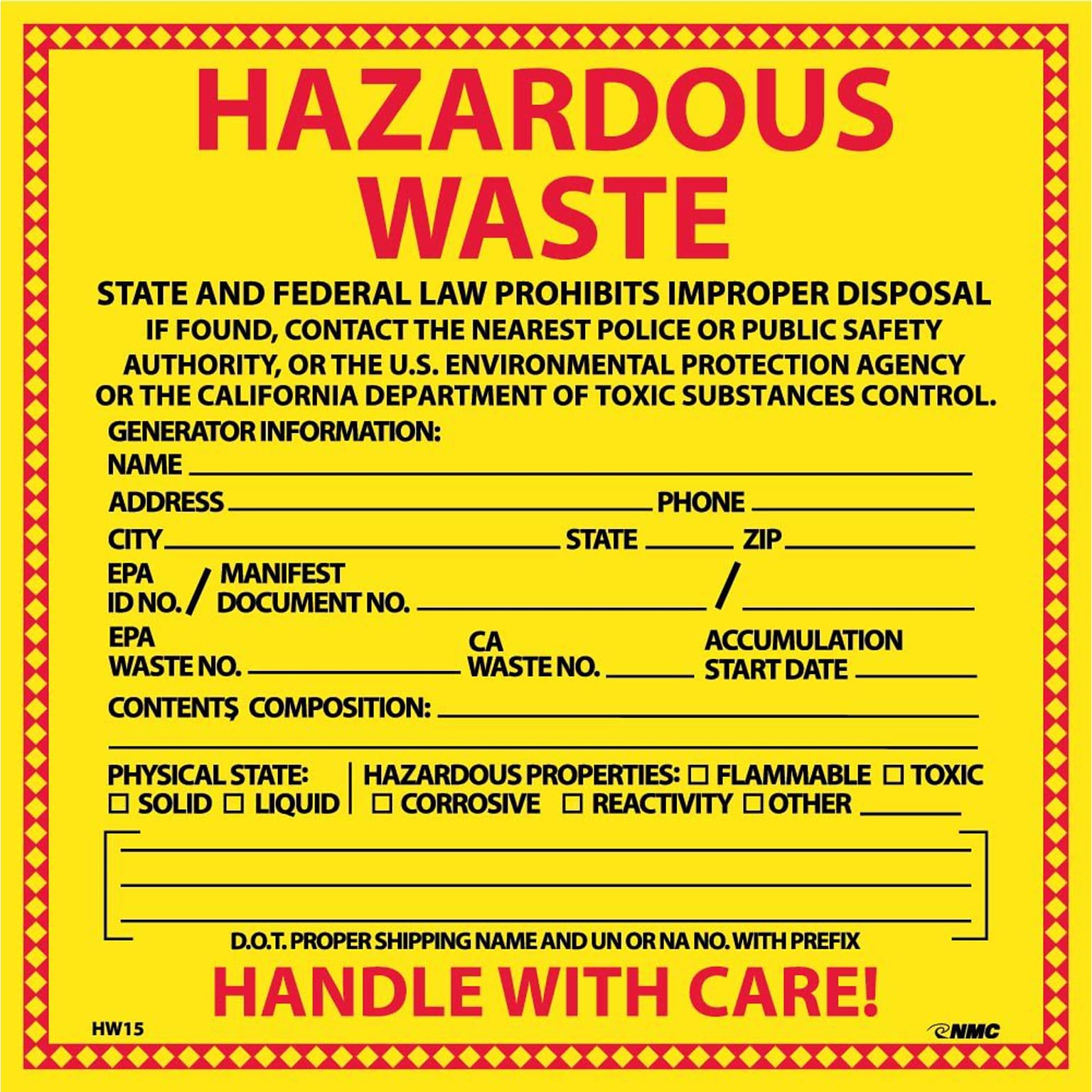 Hazard Labels; Hazardous Waste California, 6X6, Adhesive Vinyl, 25/Pk