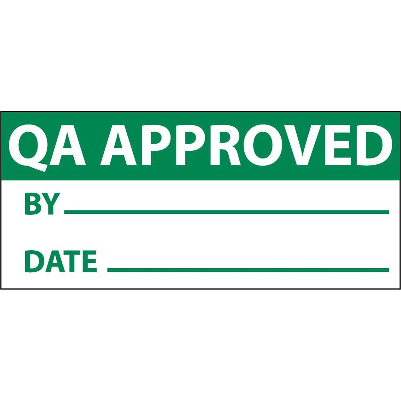Inspection Labels; Qa Approved, Grn/Wht, 1 x 2 1/4, Adhesive Vinyl (27 Labels)