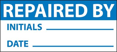Inspection Labels; Repaired By, Blue/Wht, 1X2 1/4, Adhesive Vinyl (27 Labels)