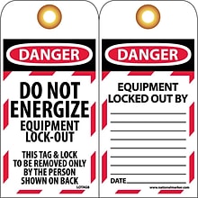 Lockout Tags; Lockout, Do Not Energize Equipment Lock Out, 6X3, Unrippable Vinyl, 25/Pk