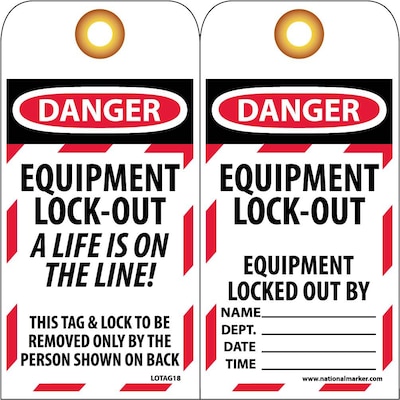 Lockout Tags; Lockout, Equipment Lock-Out A Life Is On The Line, 6" x 3", Unrippable Vinyl