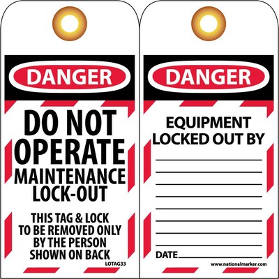 Lockout Tags; Lockout, Danger, Do Not Operate Maintenance Lock-Out, 6" x 3"