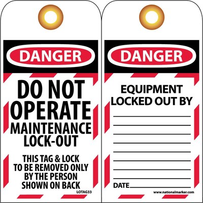 Lockout Tags; Lockout, Danger, Do Not Operate Maintenance Lock-Out, 6 x 3