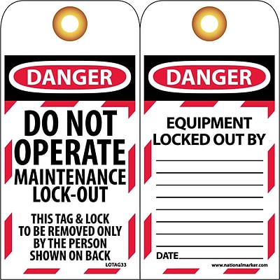 Lockout Tags; Lockout, Danger, Do Not Operate Maintenance Lock-Out, 6X3
