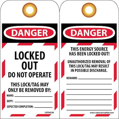 Tag; Danger, Locked Out,Do Not Operate, 6" x 3" 1/4, Unrippable Vinyl, 25/Pack