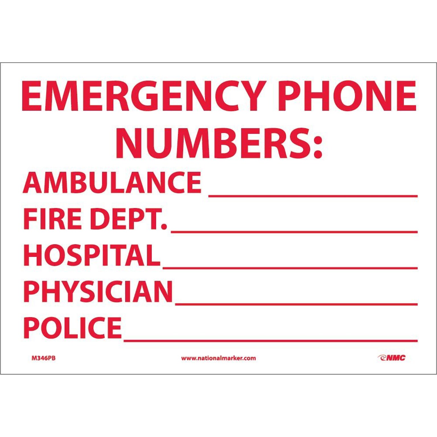 Information Labels; Emergency Phone Numbers Ambulance,Fire.., 10 x 14, Adhesive Vinyl