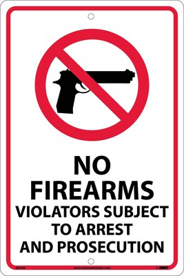 Notice Signs; No Firearms Violators Subject To Arrest.., 18X12, Rigid Plastic