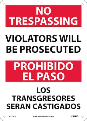 Notice Signs; No Trespassing Violators Will Be Prosecuted, Bilingual, 14X10, .040 Aluminum