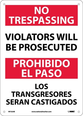 Notice Signs; No Trespassing Violators Will Be Prosecuted, Bilingual, 14X10, .040 Aluminum